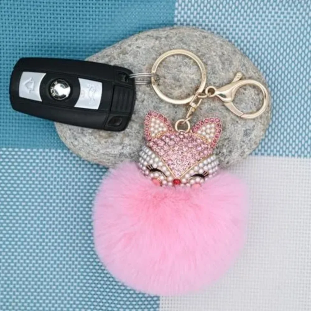 Pink Plush Pom Pom FOX Rhinestones Pearls Feminine Elegant Luxury Keychain Gift